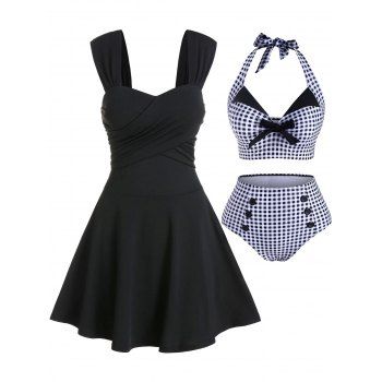 

Vintage Plaid Print Corset Style Tummy Control Tankini Swimsuit and Solid Sleeveless Crossover Flare Mini Dress Summer Casual Outfit, Multicolor