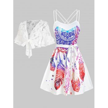 

Dream Catcher Bohemian Print Strappy Belted A Line Mini Dress and See Thru Layered Flare Sleeve Open Front Bowknot Flower Lace Crop Cover Up Top Casual Outfit, Multicolor