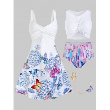 

Butterfly Flower Print Sundress Feather Print Tummy Control Swimsuit And Rhinestone Butterfly Chain Ear Cuff Outfit, Multicolor
