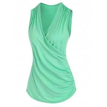 

Summer Plain Tank Top V Neck Surplice Ruched Pure Color Casual Top, Green