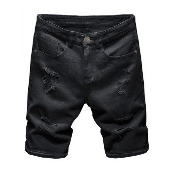 

Casual Demin Shorts Washed Zipper Fly Pockets Ripped Details Summer Shorts, Black