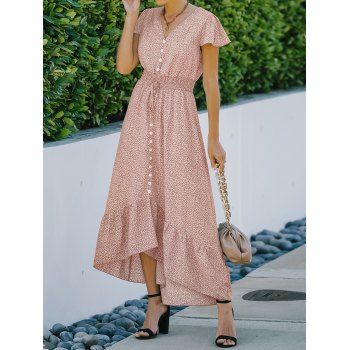 

Garden Party Dress Printed Dress Cottagecore Mock Button Self Belted Ruched High Low Maxi Summer Vacation Dress, Light pink