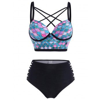 

Plus Size Tankini Swimsuit Colored Mermaid Print Crisscross High Waist Ladder Cut Out Underwire Push Up Tummy Control Swimwear, Multicolor