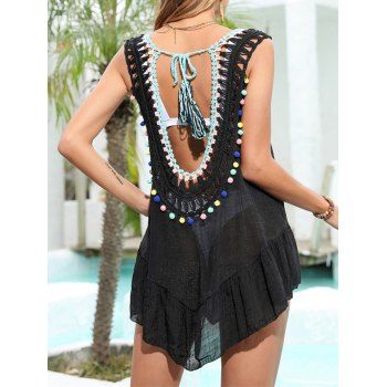 Bohemian Cover Up Knitted Hollow Out Sheer Swim Cover Up Cut Out Flounce Hem Beach Swimsuit Cover Up