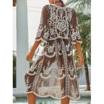 Beach Cover Up Top Scalloped Flower Lace Tied Sheer Summer Vacation Cover-up