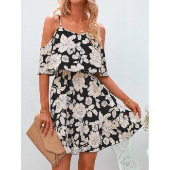 

Casual Dress Floral Print Dress Flounce Sleeveless High Waist A Line Mini Summer Vacation Dress, Black