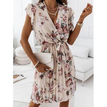 

Chiffon Dress Flower Print Dress High Waist Surplice Flutter Sleeve Belted Pleated A Line Mini Summer Dress, Light yellow