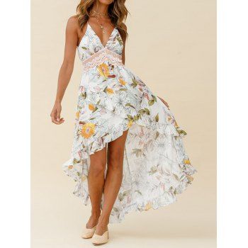 

Vacation Dress Allover Floral Print Dress Ruffle Slit Hollow Out Lace Panel Plunging Neck High Low Summer Maxi Dress, White