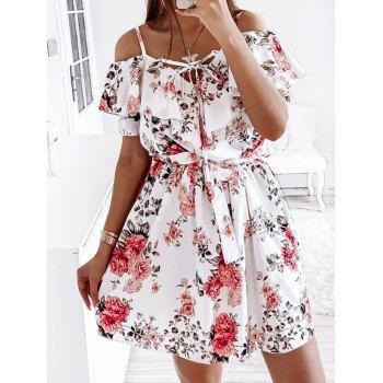 

Vacation Floral Print Lace Up Belted Flounce Cold Shoulder A Line Summer Mini Dress, White