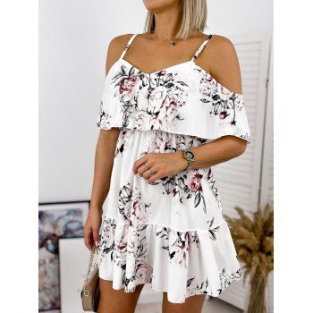 

Summer Dress Leaf Floral Print Dress Flounce High Waist Sleeveless A Line Mini Vacation Dress, White