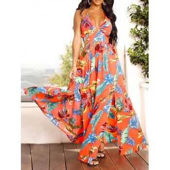 

Vacation Dress Allover Leaf Print Tied Back Empire Waist Open Back Slit A Line Maxi Summer Dress, Red