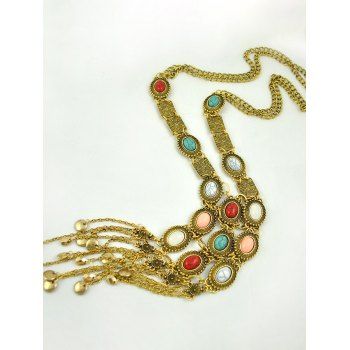 

Bohemian Necklace Tassel Colored Faux Turquoise Geometric Charms Vintage Long Necklace, Golden