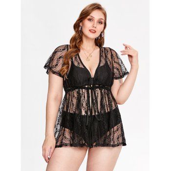 Women Plus Size Tie Sheer Lace Plunging Cover Up Swimsuit Beachwear L Black