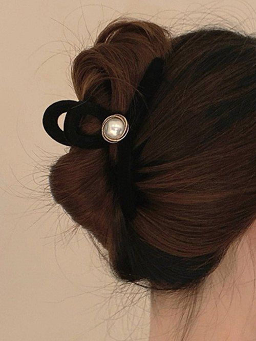 Pince à Cheveux Vintage Perle Artificielle en Velours avec Nœud Papillon - Noir 
