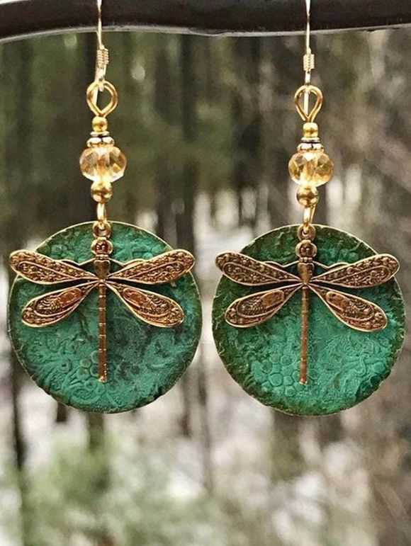 Boucles D'Oreilles Pendantes en Forme de Libellule et Perles Style Vintage - Vert profond 