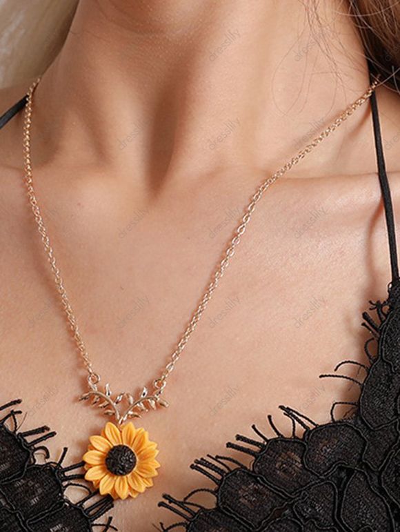 Ensemble de Collier et de Boucles D'Oreilles D'Eté Style de Vacances Tournesol Motif de Feuille - Jaune 