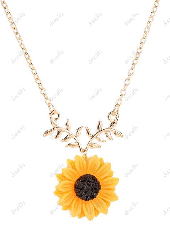Ensemble de Collier et de Boucles D'Oreilles D'Eté Style de Vacances Tournesol Motif de Feuille - Jaune 