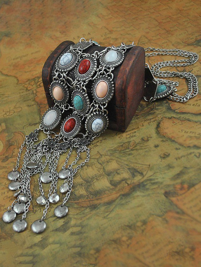 Bohemian Necklace Tassel Colored Faux Turquoise Geometric Charms Vintage Long Necklace - SILVER 