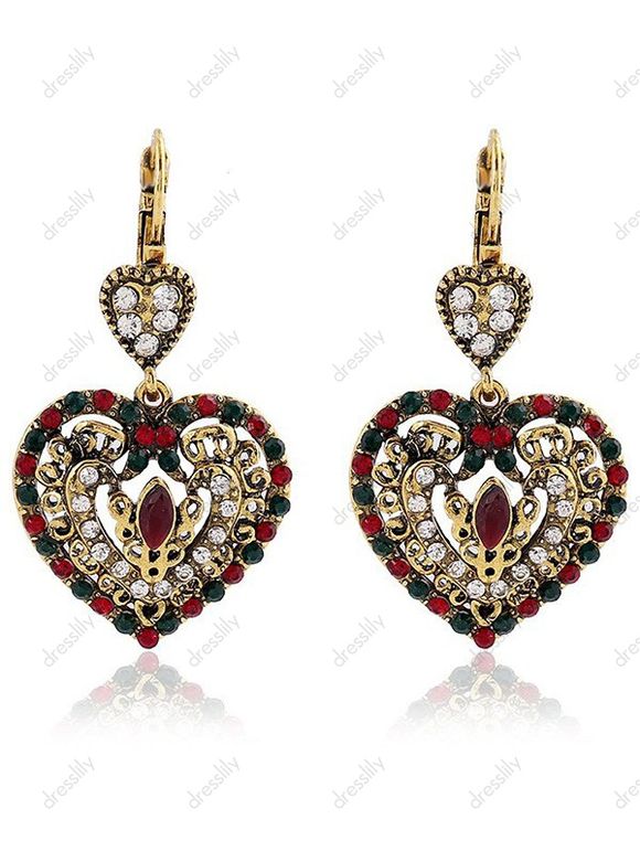 Boucles D'Oreilles Pendantes en Forme de Cœur en Strass et Cristal Fantaisie Style Vintage - Rouge 