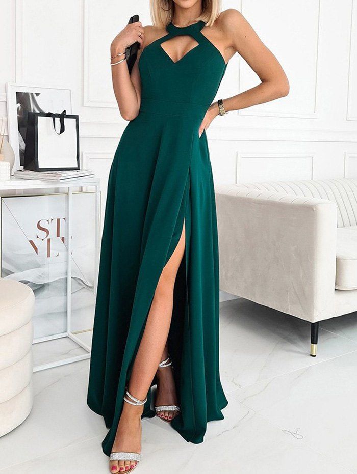 Party Maxi Dress High Slit Cut Out Dress Pure Color Empire Waist High Neck Prom Dress - DEEP GREEN M