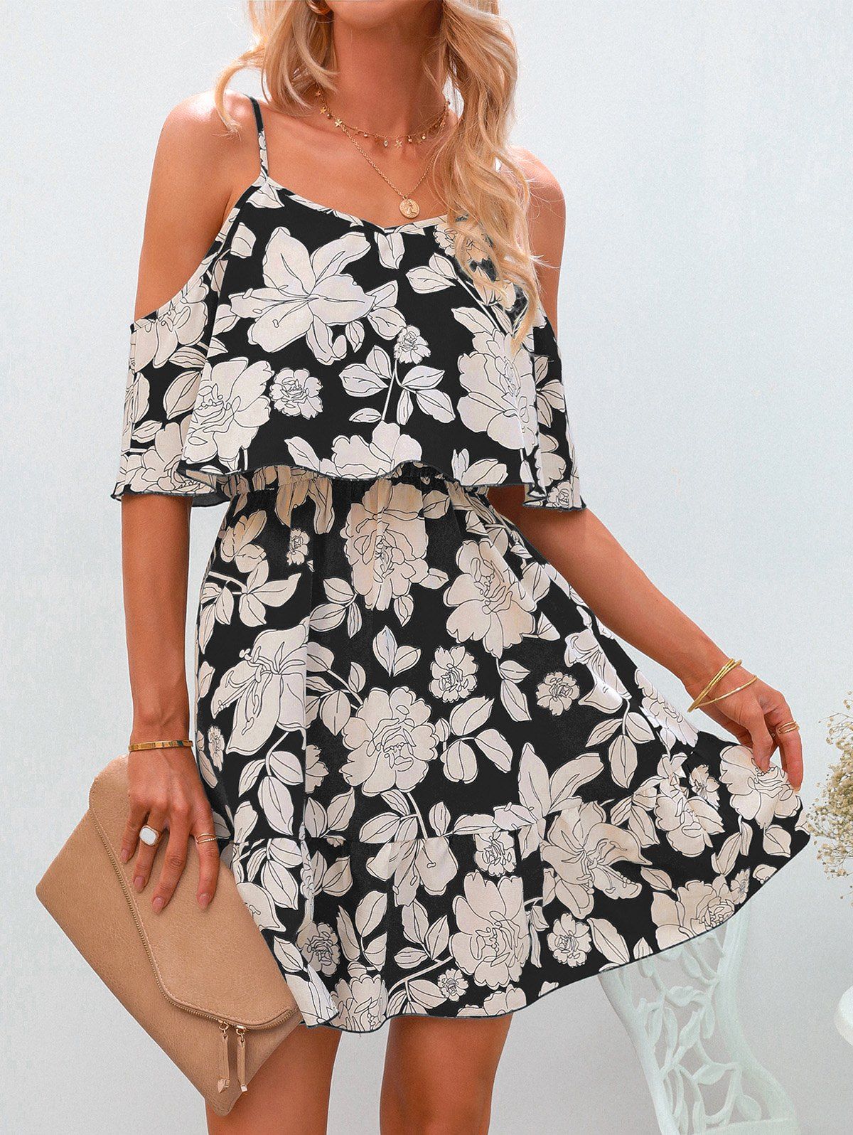 Casual Dress Floral Print Dress Flounce Sleeveless High Waist A Line Mini Summer Vacation Dress - BLACK M
