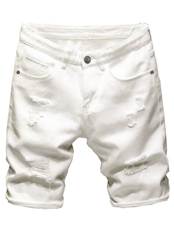 Casual Demin Shorts Washed Zipper Fly Pockets Ripped Details Summer Shorts - WHITE 36