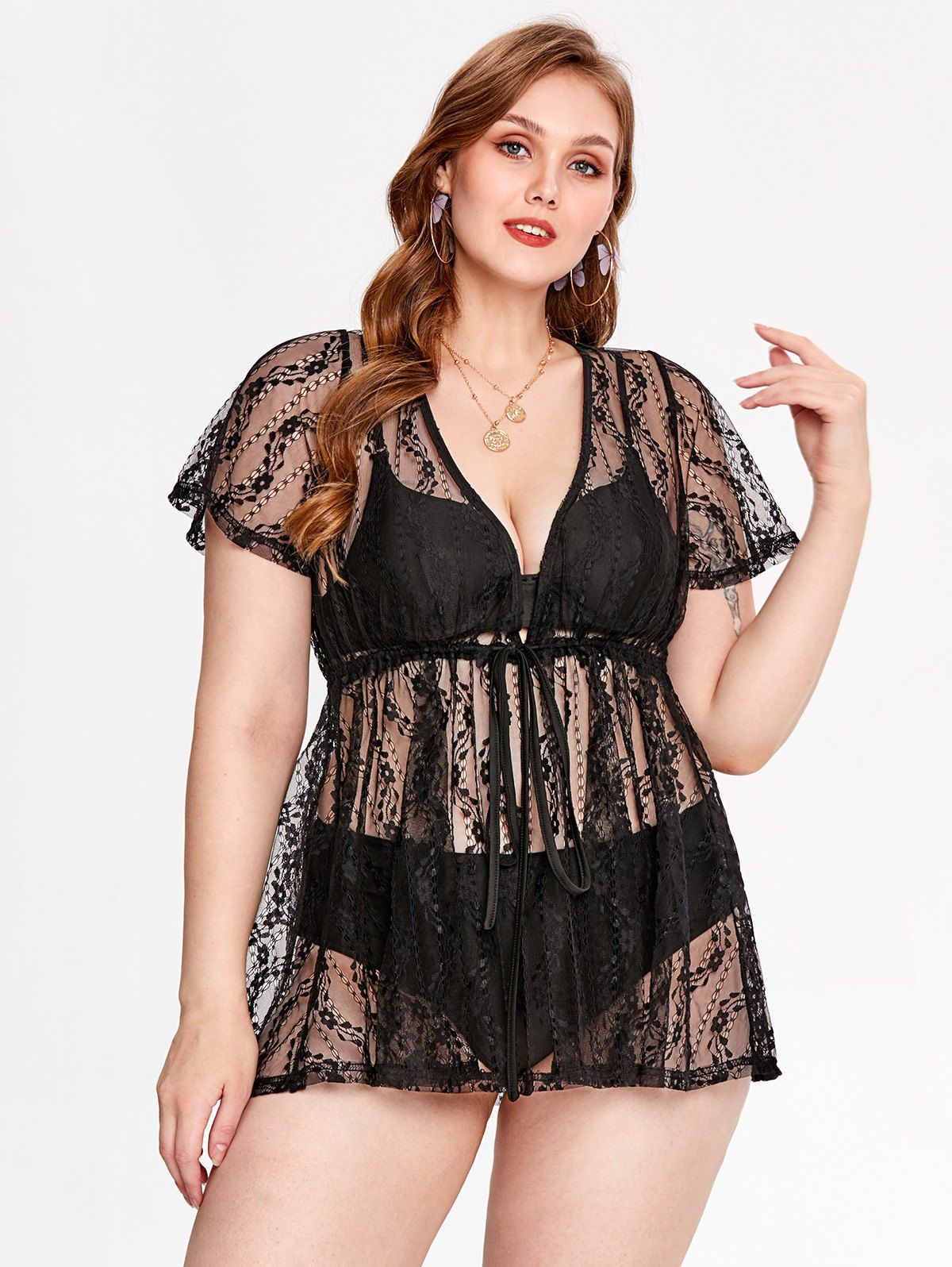 Plus Size Tie Sheer Lace Plunging Cover Up - BLACK 5X