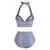 Vintage Plaid Print Corset Style Tummy Control Tankini Swimsuit and Solid Sleeveless Crossover Flare Mini Dress Summer Casual Outfit - multicolor S