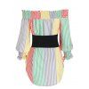 Vacation Shirt Colored Striped Floral Print Off the Shoulder Corset Lace Up Ruched Long Sleeve Casual Shirt - multicolor S