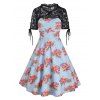 Summer Vacation Rose Print Knee Length Straight Dress and Floral Lace Scalloped Tie Up T Shirt Set - LIGHT BLUE 2XL