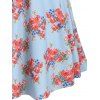 Summer Vacation Rose Print Knee Length Straight Dress and Floral Lace Scalloped Tie Up T Shirt Set - LIGHT BLUE 2XL