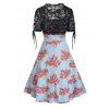 Summer Vacation Rose Print Knee Length Straight Dress and Floral Lace Scalloped Tie Up T Shirt Set - LIGHT BLUE M