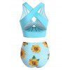 Crisscross Cut Out Sunflower Zig Zag Print Tied Tummy Control Tankini Swimwear and Ombre Lace Up Ruffled Armhole A Line Mini Dress and Romantic Colorful Rainbow Butterfly Hollow Out Drop Earrings Three Piece Summer Outfit - multicolor S