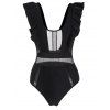 Ruffle One-piece Swimsuit Lace Mesh Insert Backless Pure Color Swimwear Set - BLACK XL