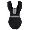 Ruffle One-piece Swimsuit Lace Mesh Insert Backless Pure Color Swimwear Set - BLACK XL