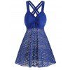Modest Sheer Swimsuit Laser Cut Out Solid Color Cinched Dual Strap Boyshorts Tankini Swimwear - BLUE S