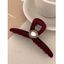 Pince à Cheveux Vintage Perle Artificielle en Velours avec Nœud Papillon - Rouge foncé 