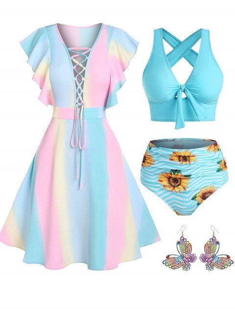 Crisscross Cut Out Sunflower Zig Zag Print Tied Tummy Control Tankini Swimwear and Ombre Lace Up Ruffled Armhole A Line Mini Dress and Romantic Colorful Rainbow Butterfly Hollow Out Drop Earrings Three Piece Summer Outfit