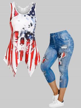 Plus Size Gothic American Flag Skull Print Handkerchief Hem Hollow Out Lace Panel Tank Top and Star Striped Print Capri Jeggings Summer Patriotic Outfit