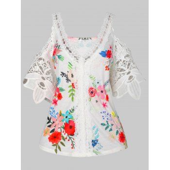 

Flower Leaf Print Vacation Top Crochet Lace Cold Shoulder V Neck T Shirt, White