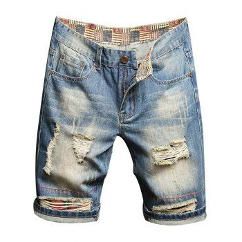 

Patriotic Denim Shorts Pockets American Flag Print Distressed Detail Zipper Fly Summer Casual Shorts, Blue