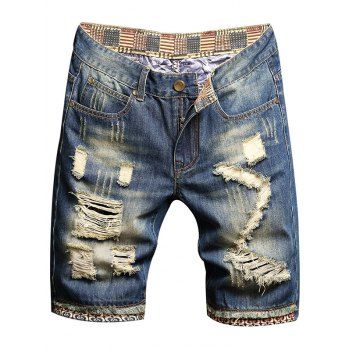 

American Flag Print Denim Shorts Zipper Fly Pockets Frayed Summer Ripped Shorts, Blue