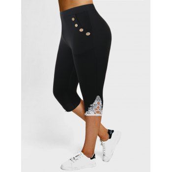 

Plus Size Capri Leggings Mock Button Floral Lace Panel Hollow Out Pockets Elastic Waist Casual Summer Leggings, Black