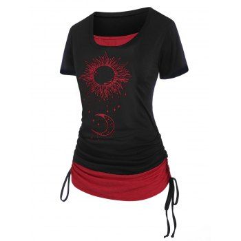

Contrast Celestial Sun Moon Print Short Sleeve Cinched Tee, Red