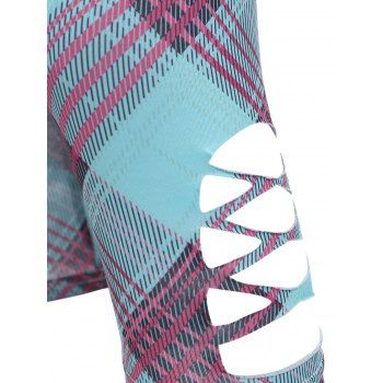 Casual Capri Leggings Plaid Print Insert Cut Out Colorblock Elastic Waist Summer Leggings