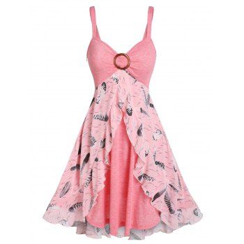 

Feather Print Chiffon Overlap Faux Twinset Dress O Ring Ruched Twofer A Line Dress, Light pink