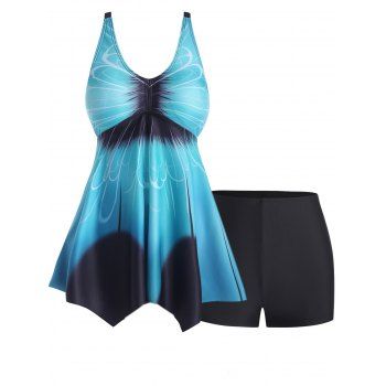 

Modest Tankini Swimsuit Ombre Print Boyshort Empire Waist Hanky Hem Boyleg Swimwear Set, Blue