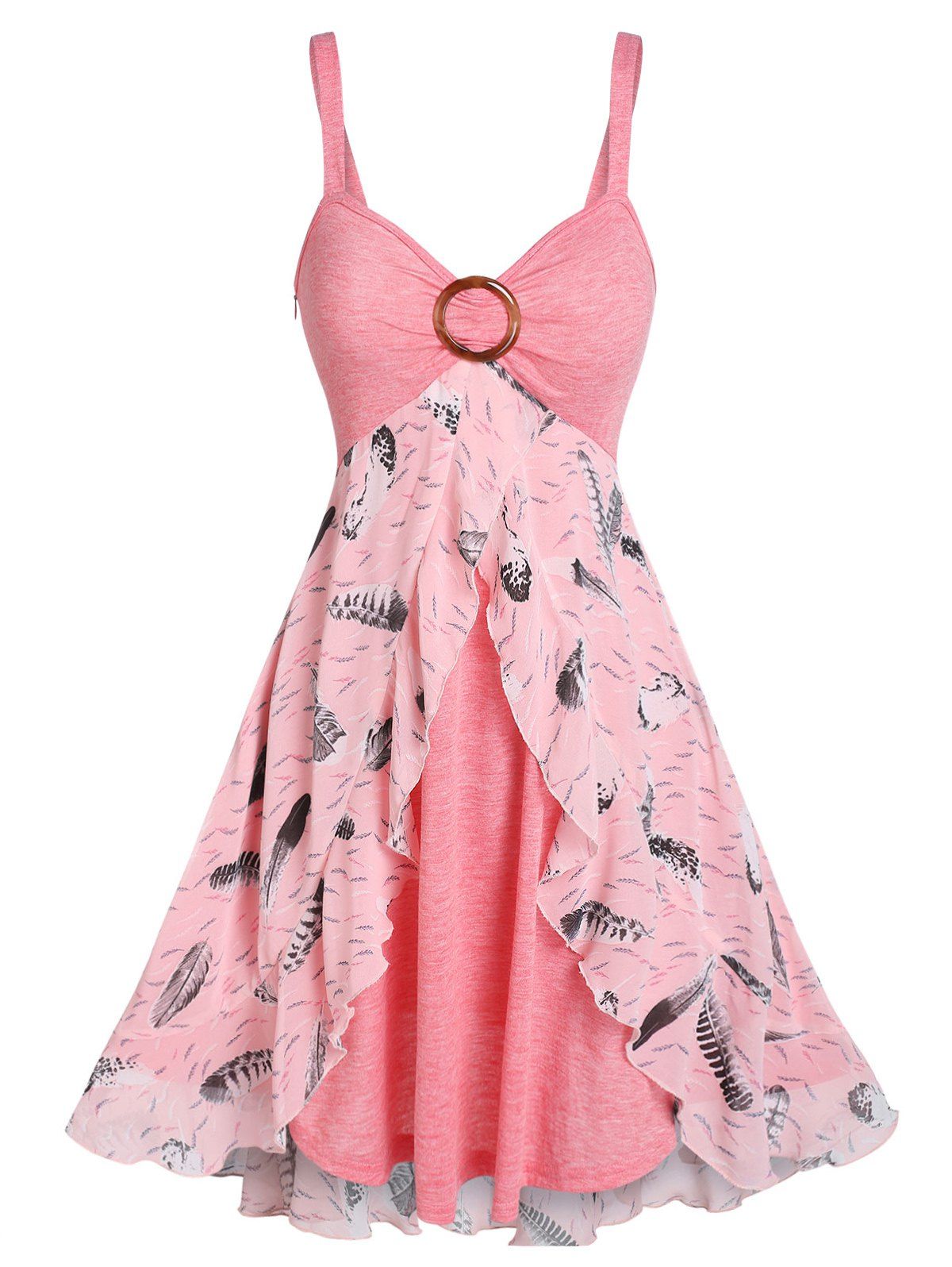 Feather Print O Ring A Line Faux Twinset Dress - LIGHT PINK L