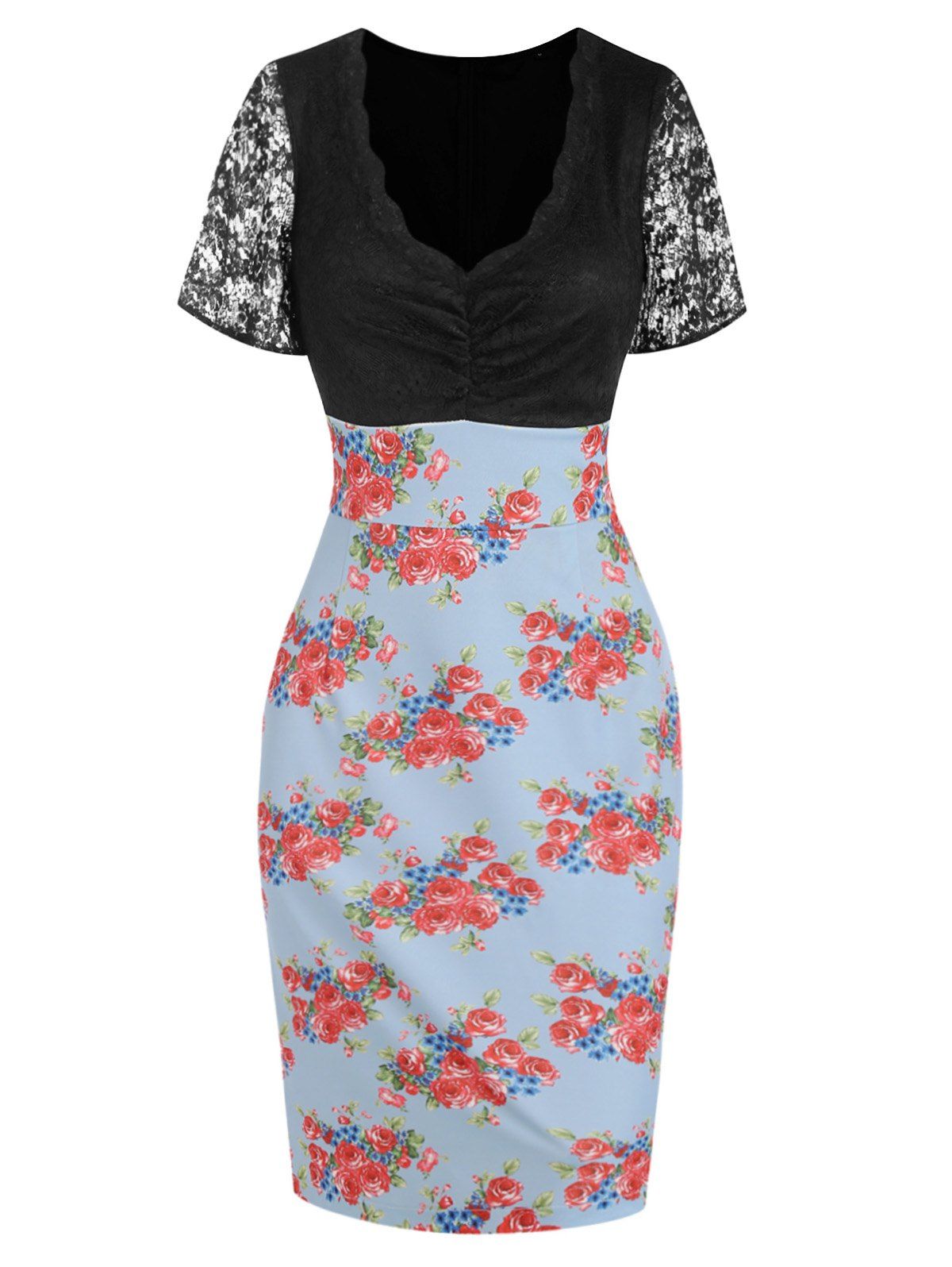 Summer Beach Vintage Straight Midi Dress Floral Print Lace Insert Scalloped High Waist Dress - LIGHT BLUE XL