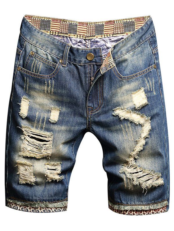 American Flag Print Denim Shorts Zipper Fly Pockets Frayed Summer Ripped Shorts - BLUE 32